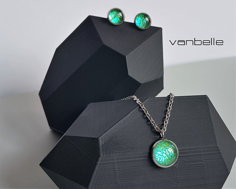 31- Sage earrings and pendant set Valorant inspired Iridescent Green Pendant and earring set